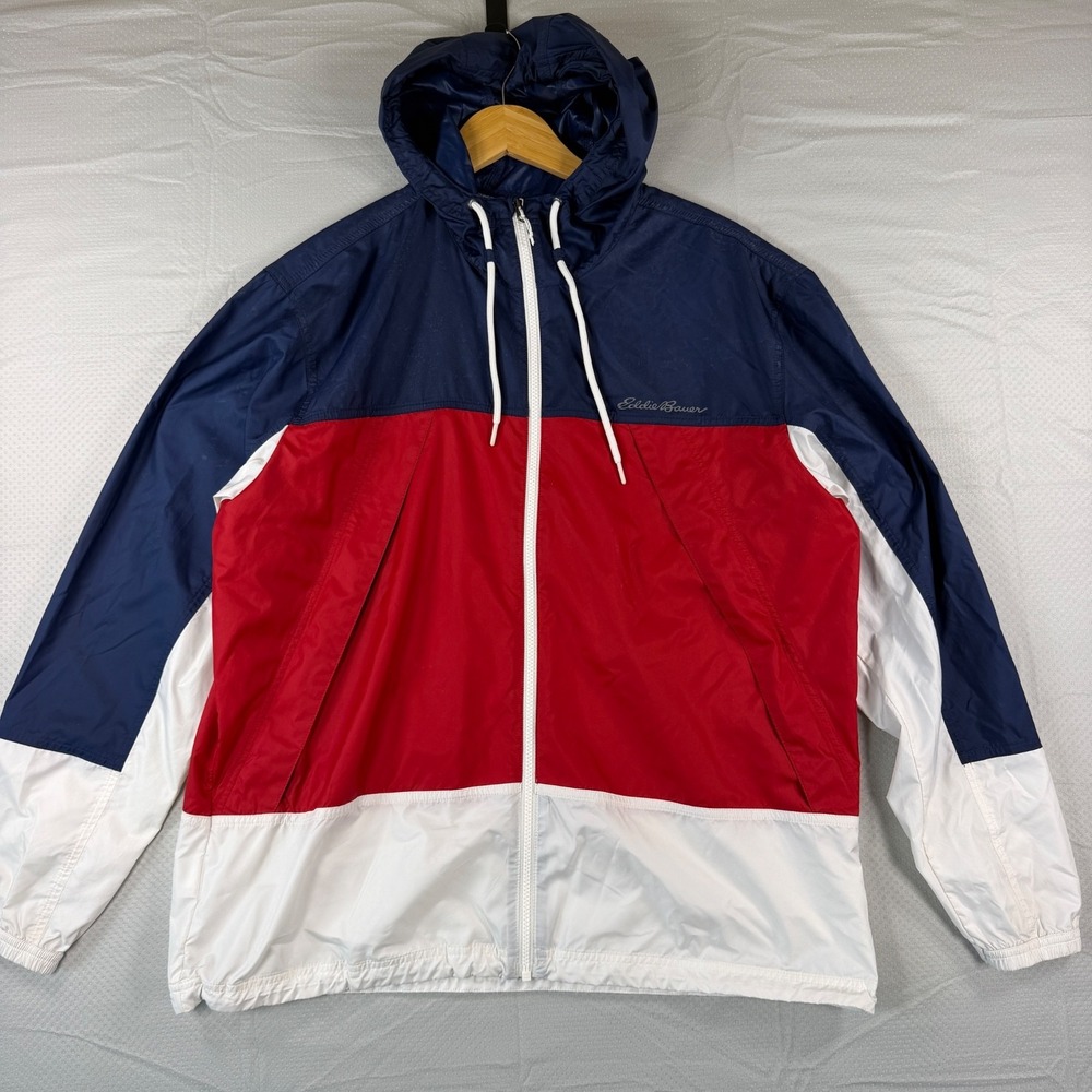Eddie Bauer Mens Large Colorblock Windbreaker Jacket Hooded Full Zip Blue Red